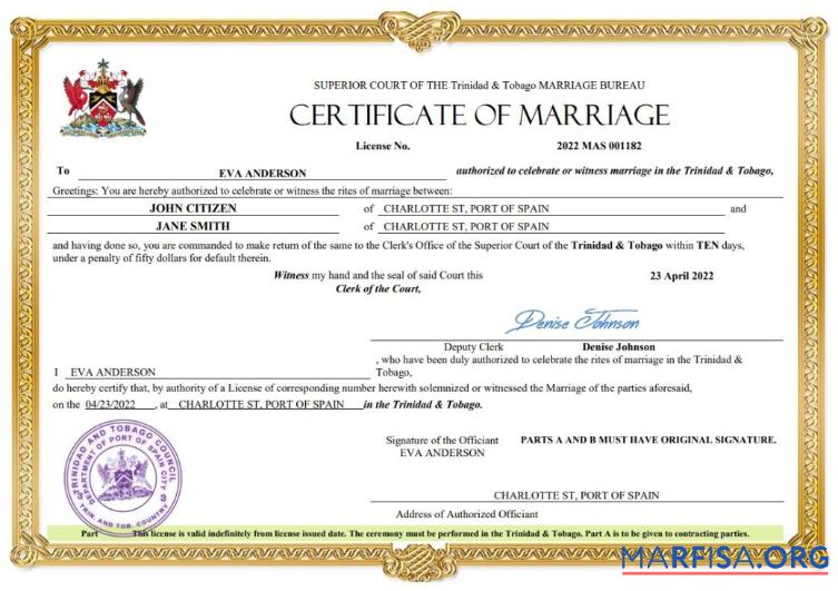 Downloadable Trinidad and Tobago marriage certificate Word and PDF template